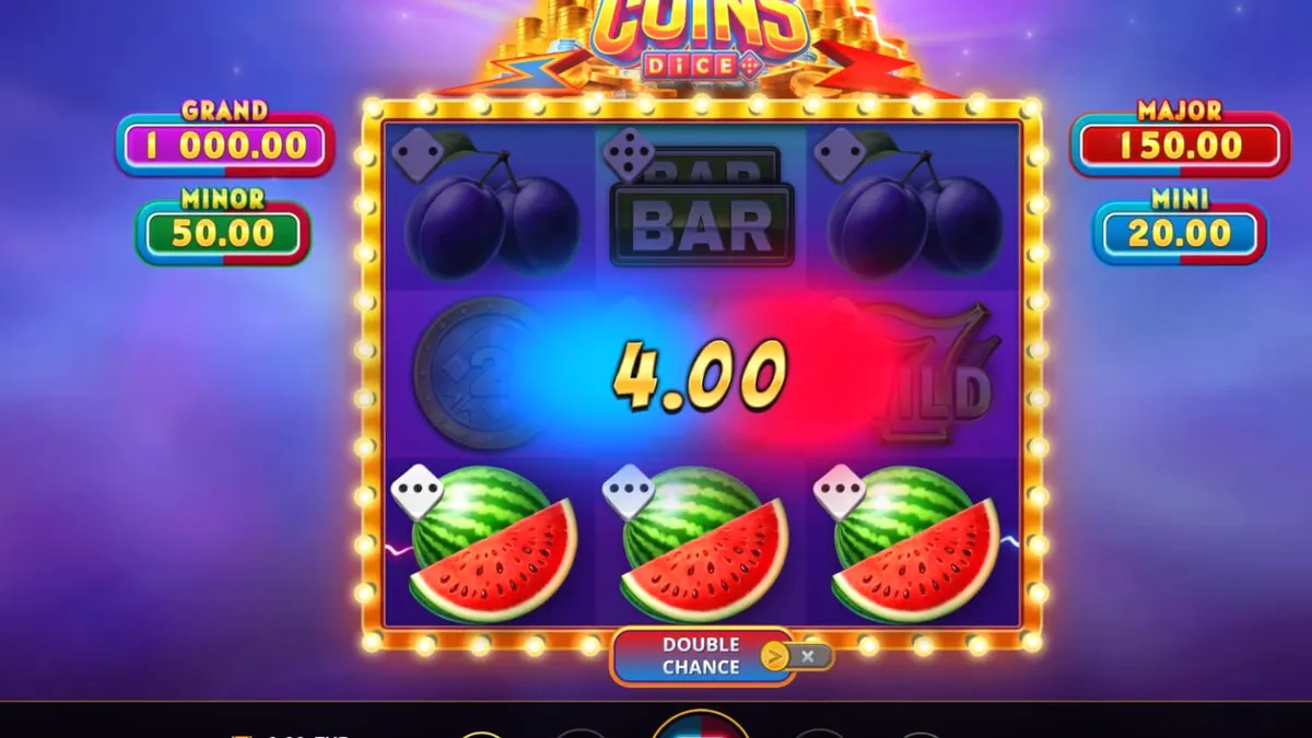 Tampilan visual mesin slot Magnetic Coins Dice dengan simbol koin dan magnet.