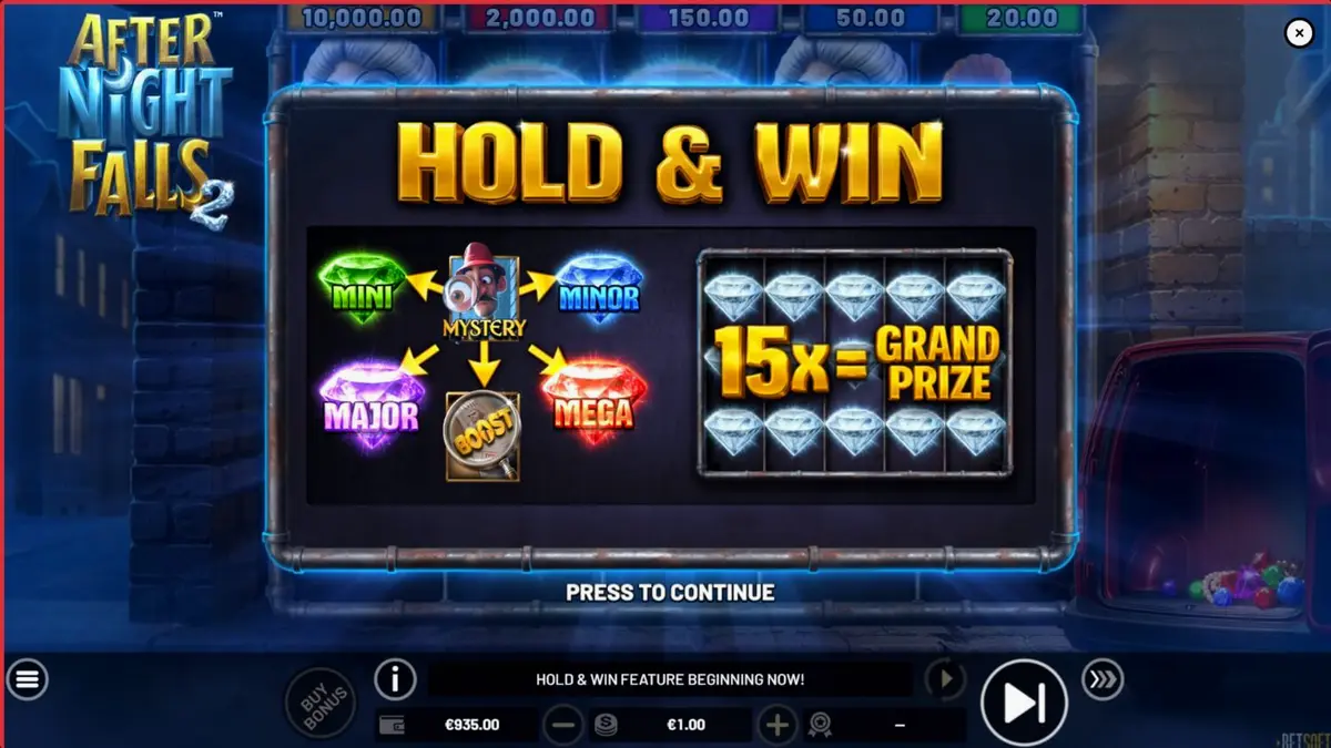 Tampilan layar permainan slot After Night Falls 2 dengan tema noir dan detektif