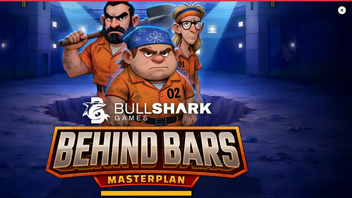 Tampilan visual slot Behind Bars Masterplan dengan karakter kartun dan latar penjara modern.